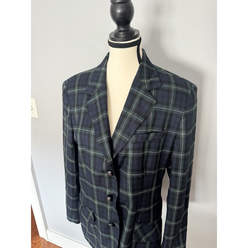 Hunt Club Women's Tartan Plaid Blazer Jacket Navy Green Equestrian Preppy 14P 14